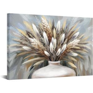 iHAPPYWALL Large Pampas Grass Wall Art Boho Botanical Plant Farmhouse Decoration Dried Floral Grass in Vase Canvas Prints for Home Kitchen Bedroom Ready to Hang 24x36inch