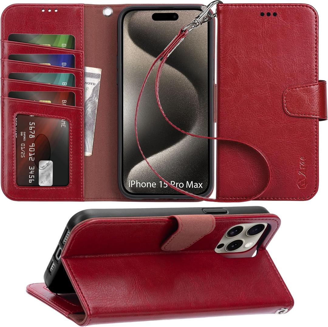 Arae Compatible with iPhone 15 Pro Max Case with Card Holder and Wrist Strap Wallet Flip Cover for iPhone 15 Pro Max 6.7 inch,Wine Red