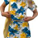 TCOT Pajamas for Women Set Summer Fashion Short Sleeve Crewneck Tops with Skirt Sets Pajama Casual Loungewear (Small, B Blue Yellow Floral)