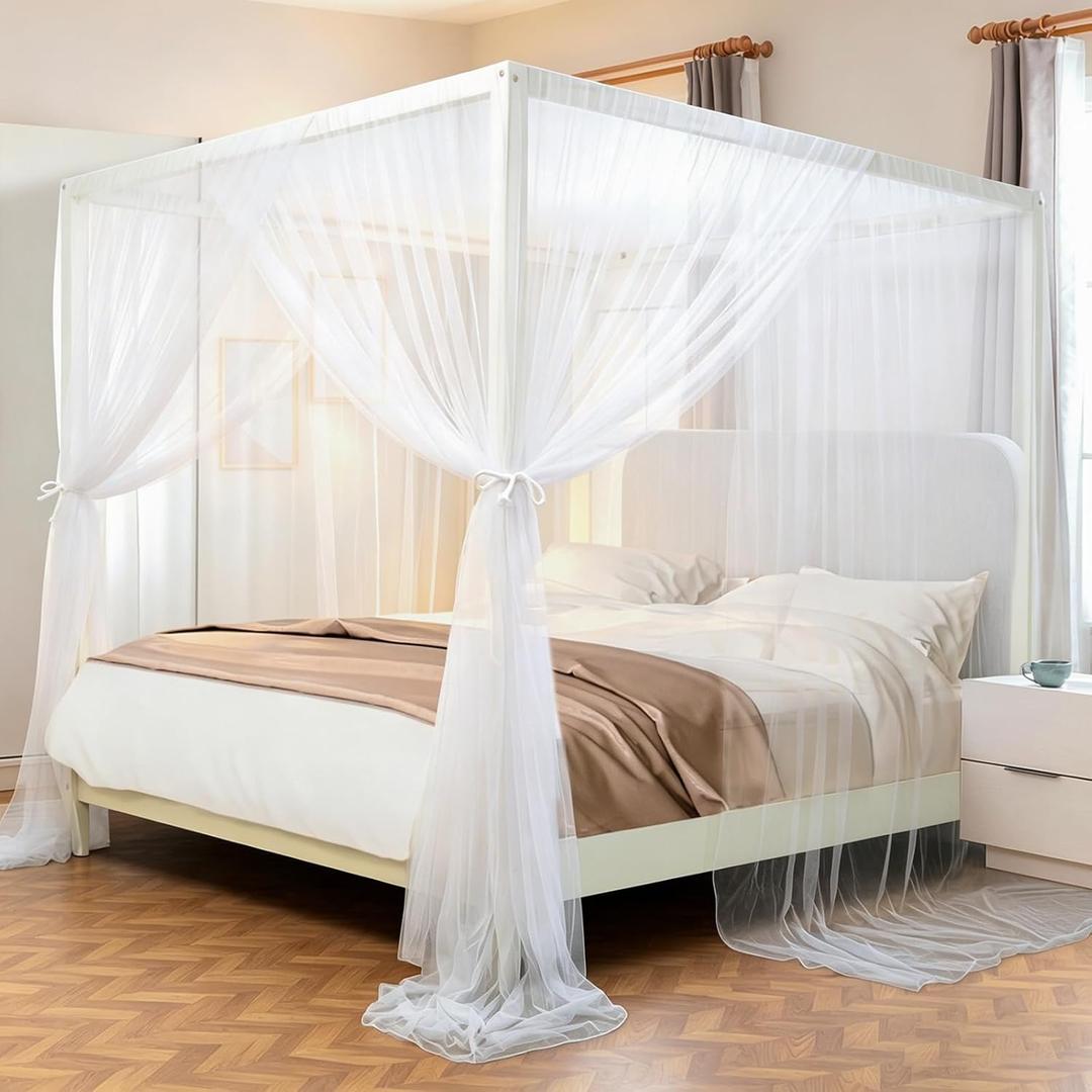 tupi Canopy Bed Curtains for King Size Bed, 100% Polyester Breathable Bed Canopy, 4 Corners Post Mosquito Net Canopy for Adults Bedroom Decor-White