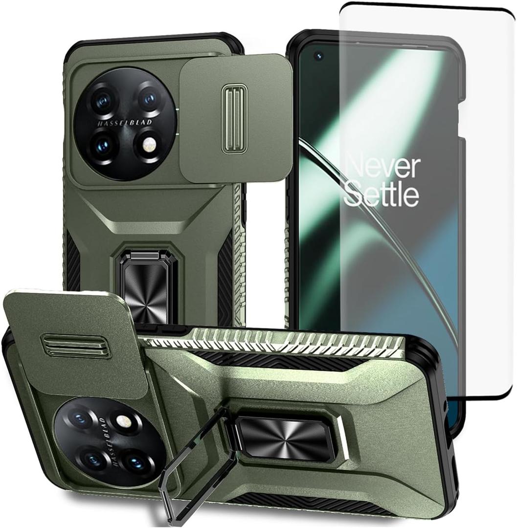 Case for OnePlus 11, One Plus 11 5G PHB110 Case with Tempered Glass Screen Protector and Slide Camera Cover, Magnetic Ring Car Mount Holder, Shockproof Cover for OnePlus 11 5G Green