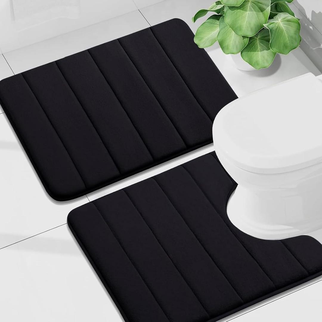 Buganda Bathroom Mat Set, 2 Piece Memory Foam Bath Mat and U-Shaped Toilet Rug, Machine Wash Dry, Soft Non Slip Absorbent Bath Rug for Bathroom, Shower and Tub (24" x 16"+24" x 20", Black)