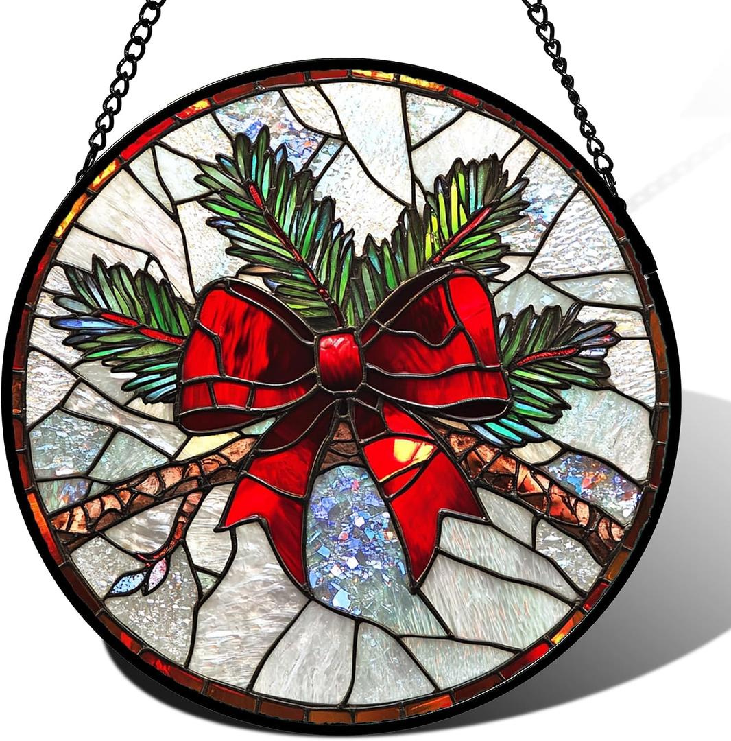 DASTOLL Stained Glass Window Hanging - Pine Branches Red Bow Suncatcher for Doors Home Christmas Decoration Silver Sun Catcher Thanksgiving New Year Birthday Gifts for Women Men Mom Nana 15 in