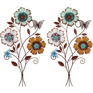 Moxweyeni Tricolor Flower Wall Decor Vintage Metal Wall Art Decor Rustic Hanging Flowers Decorative Metal Floral Art for Home Living Room Bathroom Indoor Outdoor, 15 x 9.1 Inch(2 Pieces)