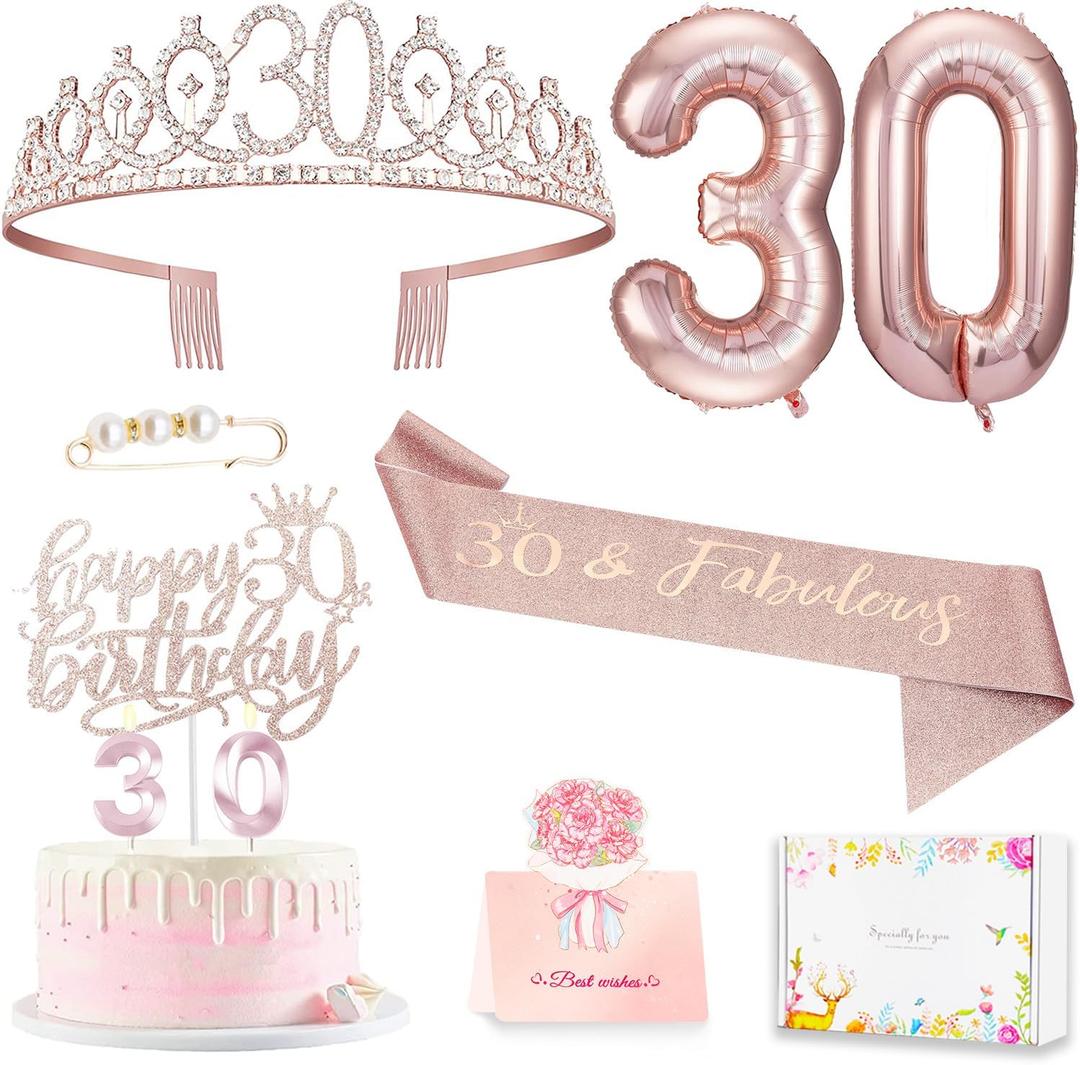 30th Birthday Decorations for Her, 30th Birthday Sash and Crown, Cake Topper and Candles, Pop Up Card, Number Balloons, 30 Year Old Gifts for Women, 10pcs