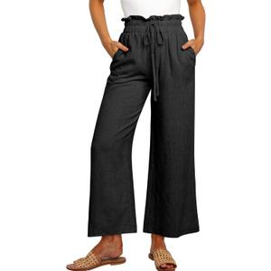 ANRABESS Women Linen Pants Casual Loose High Waist Boho Wide Leg Cropped Palazzo Beach Pants Summer Outfits 2025 Trendy (Medium, Black)