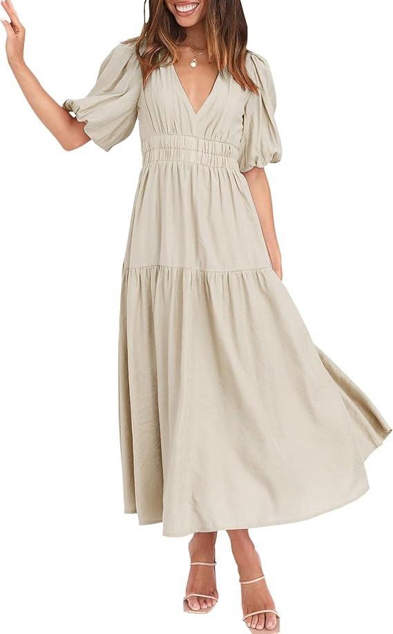 Women's Summer V Neck Short Puff Sleeve A Line Tiered Midi Dress Boho Empire Waist Long Flowy Beach Dress, Small 