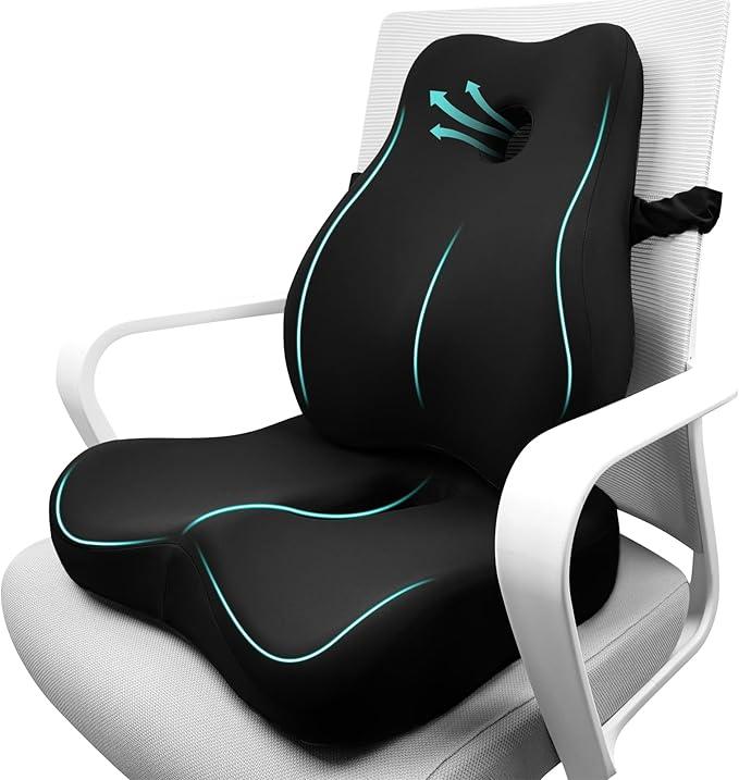 JIPORIER Seat Cushion & Lumbar Support Pillow Set for Office Chair, Ergonomic Pillow for Sciatica Pain Relief, Memory Foam Back Support Pillow & Chair Cushion for Car seat, Desk Chair (Black)