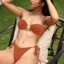 ZAFUL Metal Ring Bandeau Bikini Set Tie Side Bathing Suit High Cut 2 Piece Swimsuit Cutout Swimwear (S)