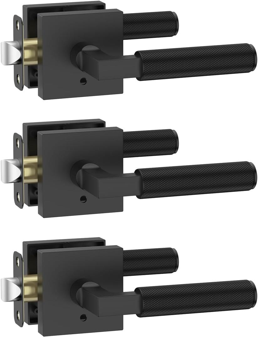 Amerdeco 3 Pack Privacy Door Handles, Matte Black Interior, Knurled Lever, Heavy Duty for Bedroom and Bathroom, Reversible Keyless for Right & Left Side AM0021