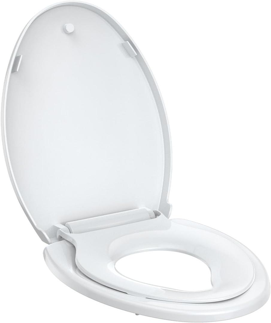 Toilet Seat with Toddler Seat Elongated, PP Material Family Toilet Seat Cover, Soft Close Adult & Toddler Seats, Easy to Clean, Safe Potty Training Solution for Kids, Bathroom Upgrade for Home (White)