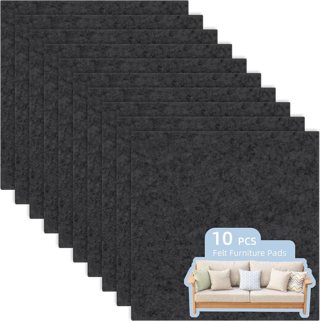 Felt Furniture Pads, 10 Pack Heavy Duty Non Slip Felt Sheets, 8 x 8 inch for Hardwood Floors, Chairs, Walls (Black)