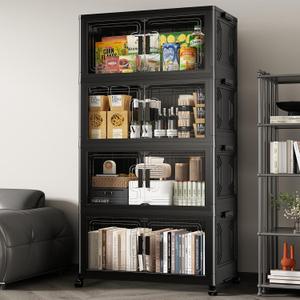 120GAL Stackable Storage Bins with Wheels and Lids, Collapsible Closet Organizers and Storage, Home Organization and Storage Cabinet, Plastic Clothes Storage Box Shelf, Black (30 Gal-4 Tiers)