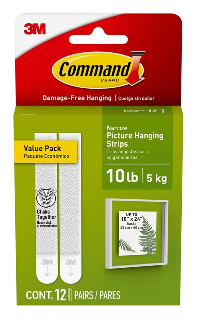 Command 10 lb Narrow Picture Hanging Strips 12 Pairs (24 Strips), Damage-Free Hanging Picture Hangers, No Tools Wall Hanging Strips for Christmas Decorations