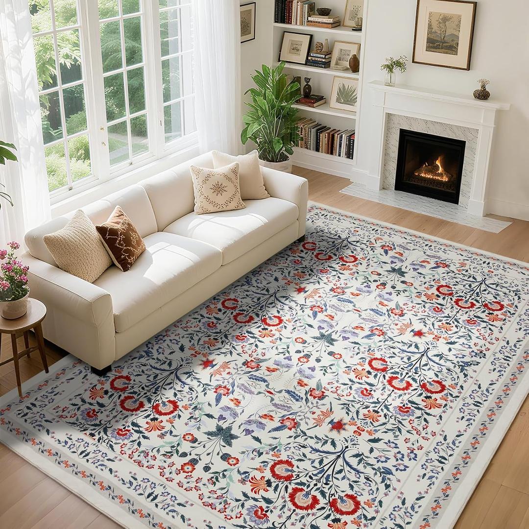Area Rug Living Room Rug, 8X10 Rugs for Living Room Floral Boho Low Pile Super Soft Washable Rug, Stain Resistant Indoor Floor Non-Slip Carpet for Bedroom Bedside Dining Room Kitchen, Beige and Red