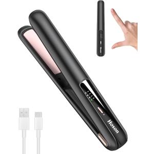 Hoson Cordless Hair Straightener,Portable Mini Flat Iron Travel for Bangs,Short Hair,USB-C Rechargeable Wireless Curling Iron and Curler 2 in 1(Black),for Touch Ups