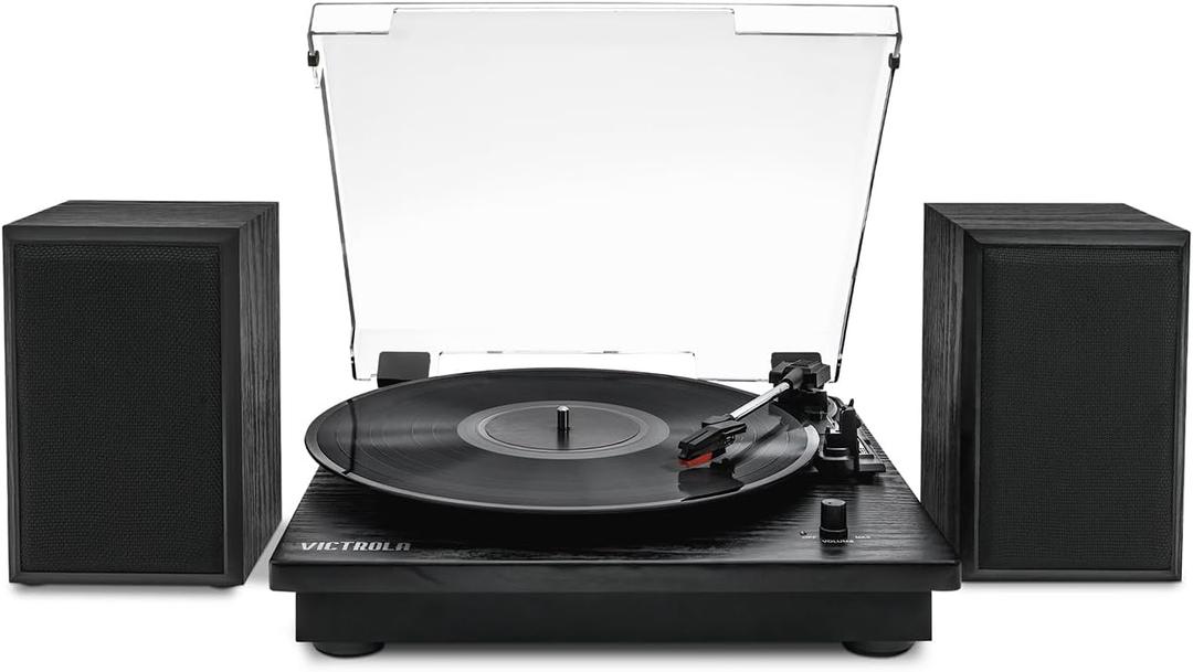 Victrola Montauk Vinyl Record Player, 3-Speed Belt Driven Turntable with Stereo Bluetooth Speaker Pair, RCA Output & 3.5mm Headphone Jack, Removable Dust Cover, Black Wood Finish