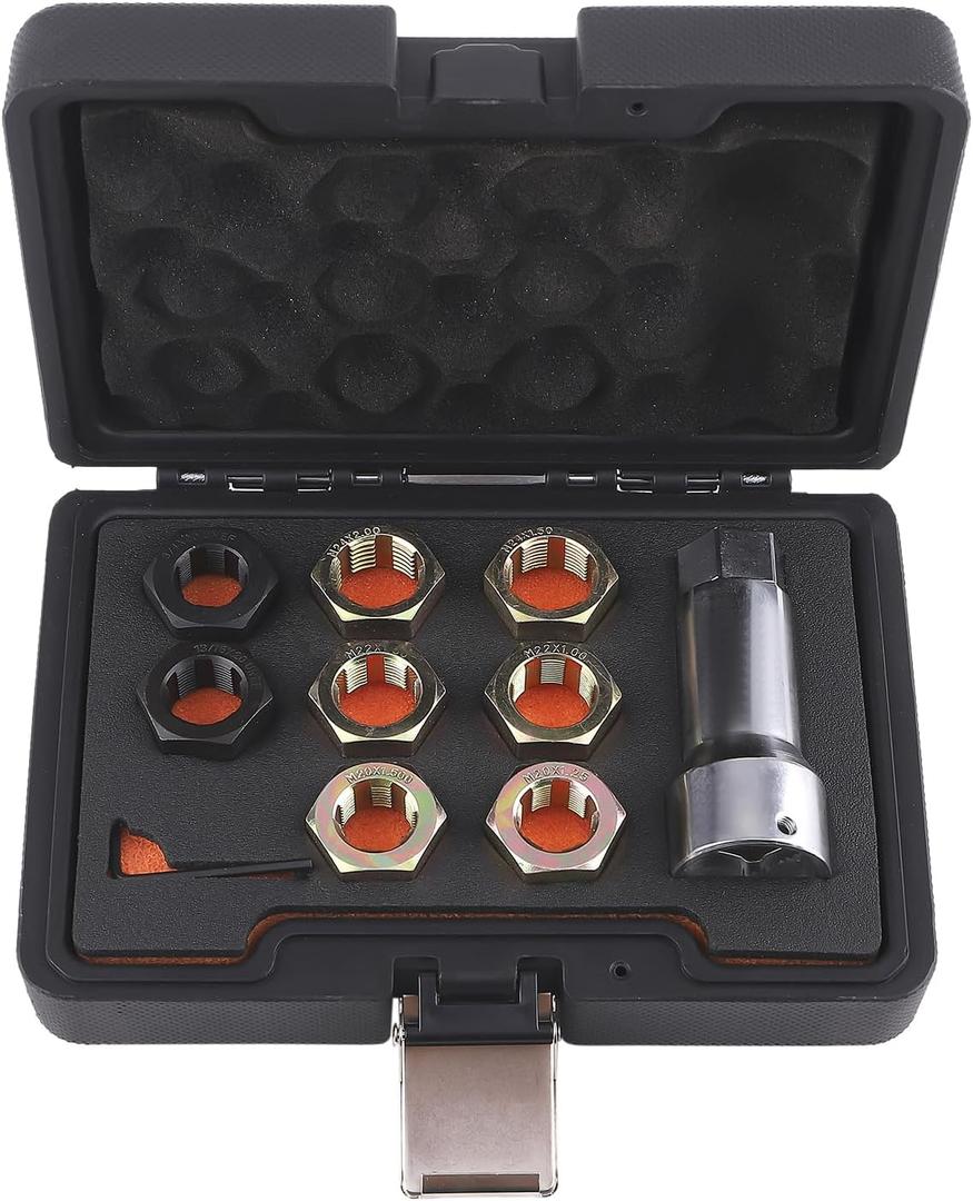 maXpeedingrods 10 PCS Axle Spindle Threading Chaser Set, Thread Rethreading Restorer Tool with 8 Dies, 1-1/16" Extension Bar, M20 M22 M24 & 13/16" 3/4" UNF Nuts Axle Thread Repair Kit