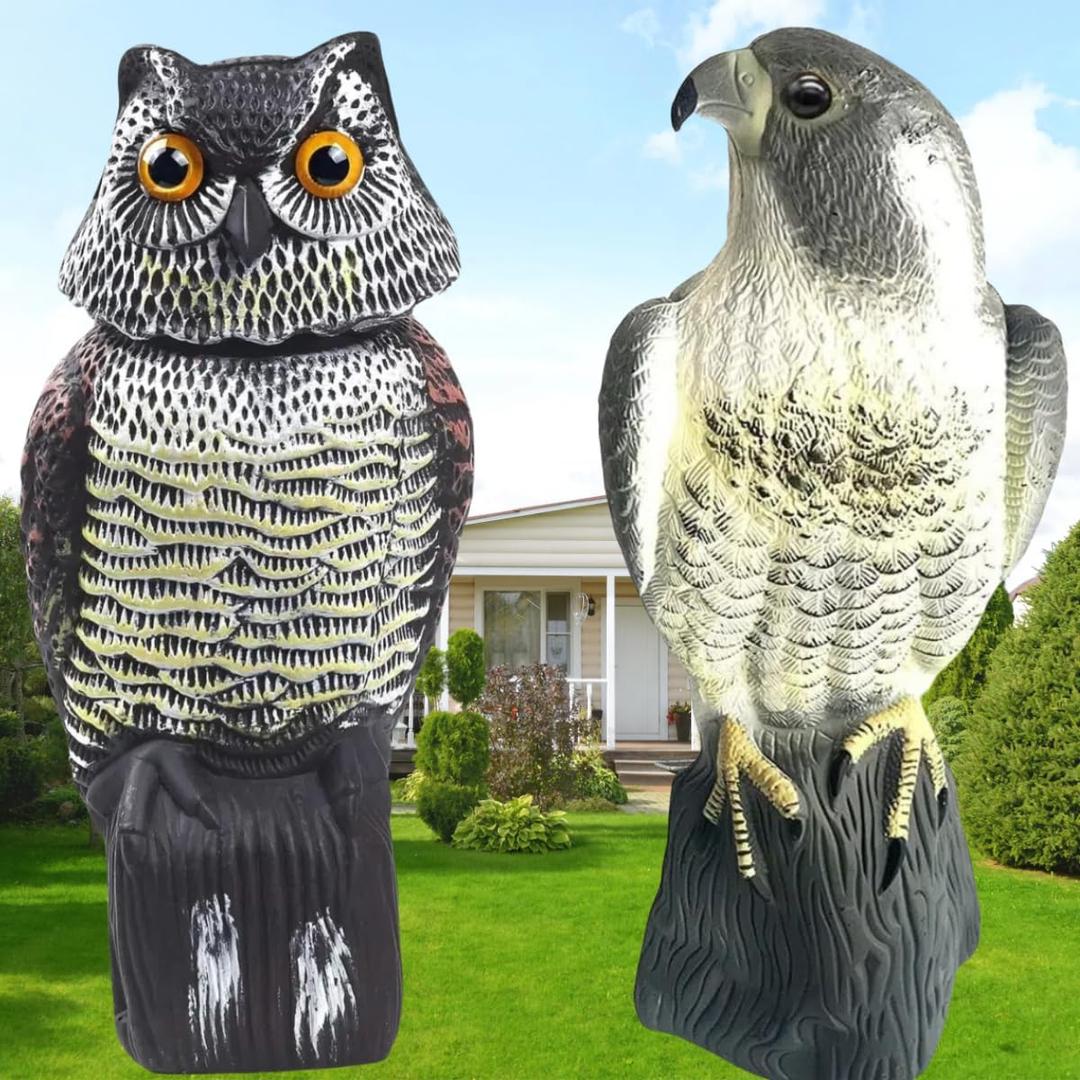 15" Owl & Hawk Decoys to Scare Birds Away, Hawk Decoy, Owl & Hawk Decoy, Fake Owl and Decoys to Scare Birds Away-2 Pack Wind-Driven BirdRepellent for Farms,Gardens -50% Larger Size
