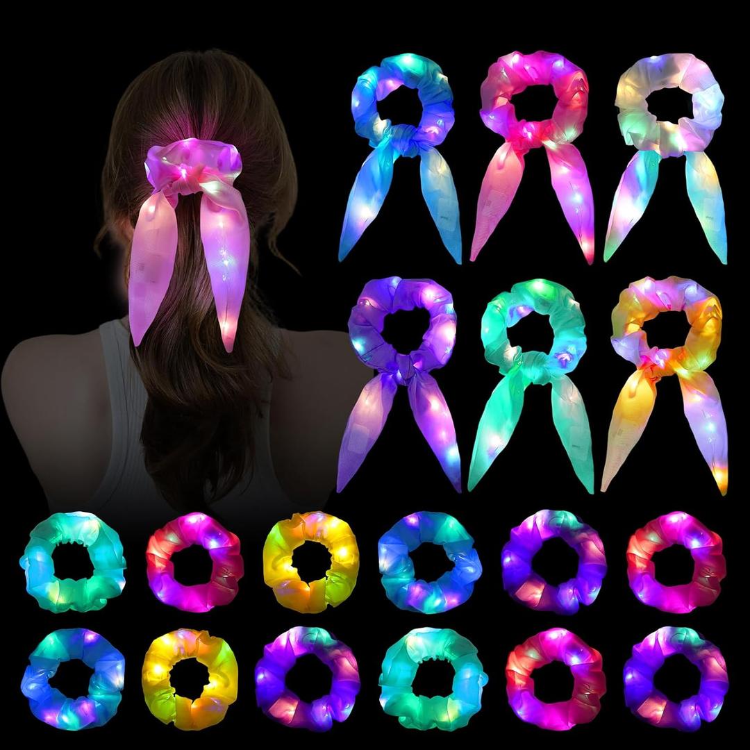 18Pcs Light Up Scrunchies, LED Hair Scrunchy for Women Girls Bunny Ear Ponytail Holders Neon Colorful Hair Tie Glow in the Dark Hair Accessories for Rave Slumber Carnival Birthday Party Favor Supplies