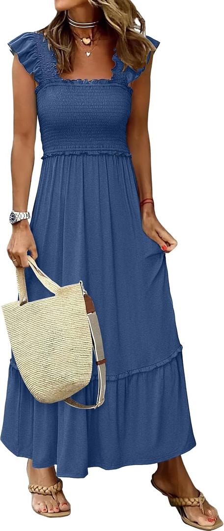 ANRABESS Womens Summer Sleeveless Maxi Dress Square Neck Smocked Boho Casual Ruffle Strap Flowy A-Line Long Beach Sundress (Medium, Blue)