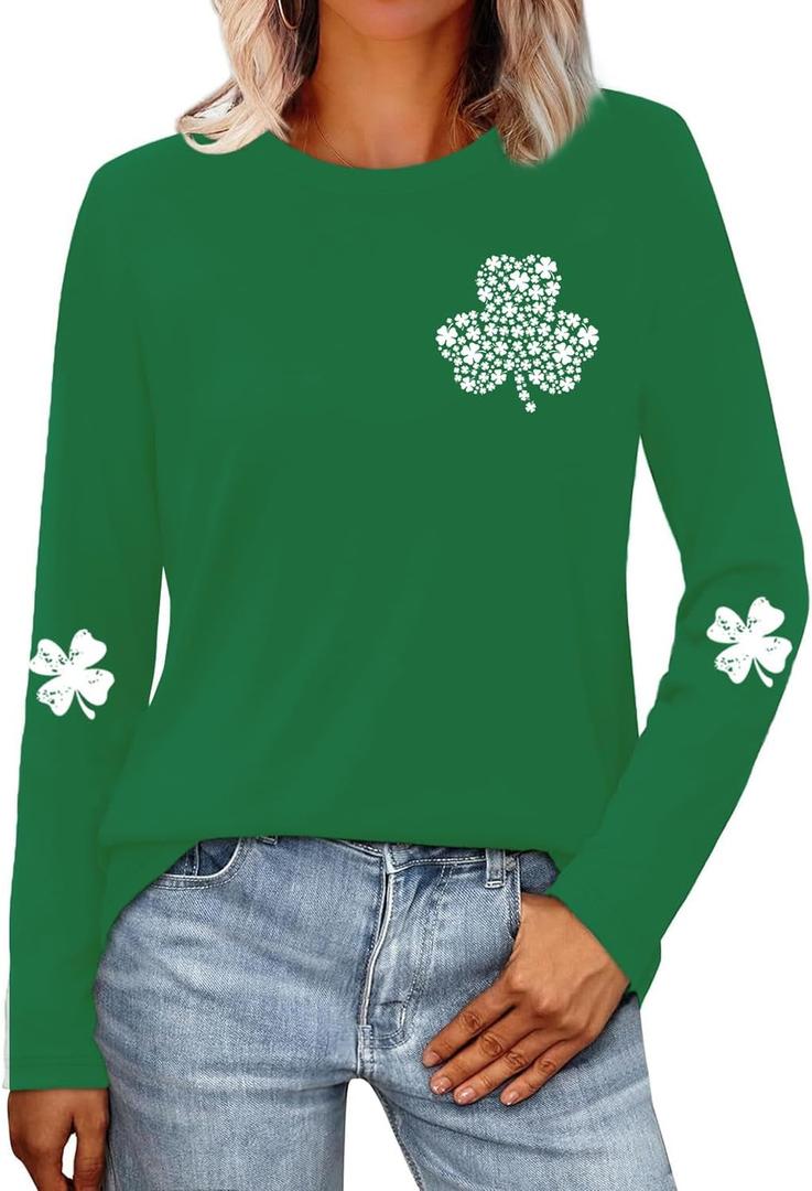 St Patricks Day Shirt for Women Lucky Shamrock T-Shirt Long Sleeve Irish Clover Heart Tee Top (Green, XXL)