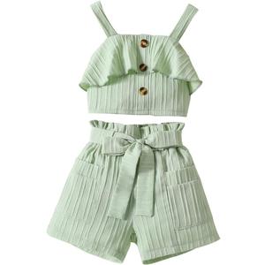 AMMENGBEI Toddler Little Girl Clothes Sleeveless Ruffle Trim Halter Top and Shorts Sets Kids 2Pcs Summer Outfits (5-6 Years, Green)