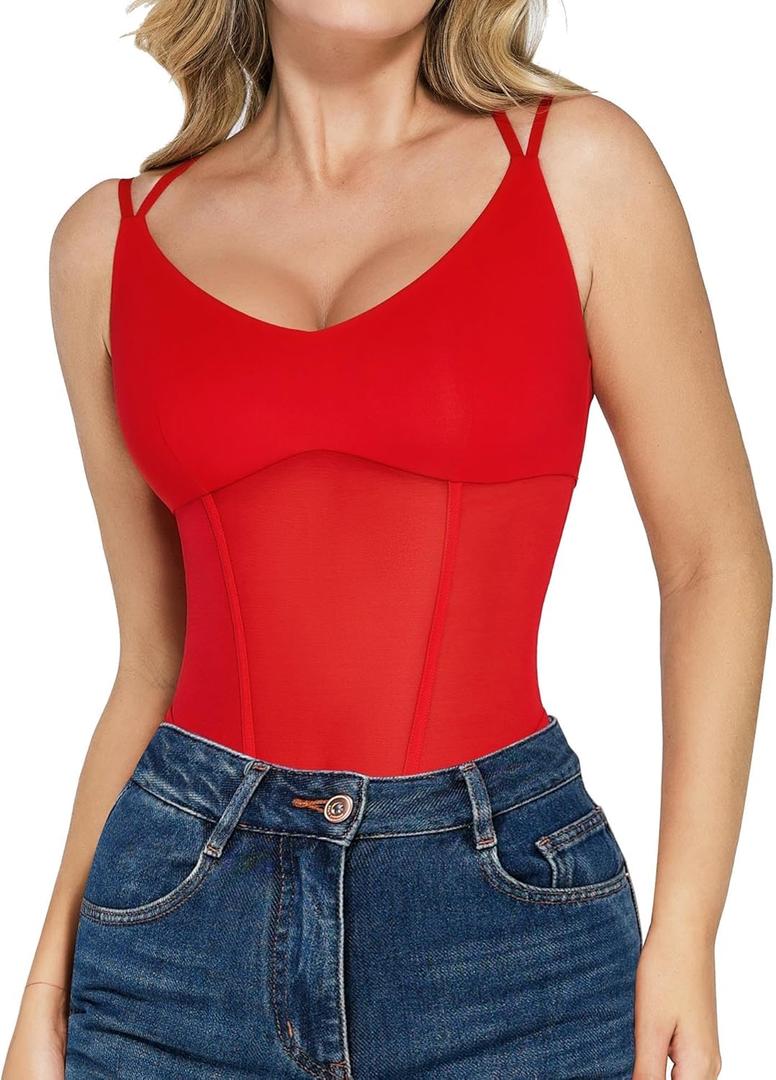 Popilush Women Mesh Shapewear Bodysuit Tummy Control Going Out Corset Tops Double Spaghetti Strap Body Suits (Small, Red)
