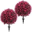 Artificial Red Eucalyptus Topiary Ball Tree 24" with Ground Spike, Set of 2 Artificial Boxwood Bushes for Faux Shrubs, Fake Evergreen Faux Plant for Indoor Outdoor Garden -UV ResistantFade-Proof