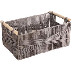 Wicker Storage Baskets for Organizing, Recyclable Paper Rope Basket with Wood Handles, Decorative Hand Woven Basket Organizers for Makeup Books Shelves Living Room, Grey, Set of 3