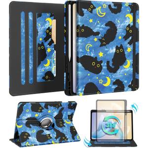 Kidcube for Samsung Galaxy Tab A9 Plus Case 11 Inch - for Women Girls Cute Rotating Stand Folio Cover with Pencil Holder & Card Slot Girly Cat Unique Design Blue Teen for Samsung A9 Plus Tablet Cases