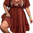Verdusa Women's Plus Size Western Boho Floral Dress Cowgirl Country Concert Vacation Outfits Flowy Summer Dresses (Brown, XL)