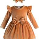 Kucnuzki Toddler Baby Girl Clothes Velvet Dress Solid Little Flower Girl Dress Princess Casual Party Dress for Girl Fall (18-24 Months, Brown)