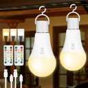 2 Pack Rechargeable Light Bulbs, Battery Operated Light Bulbs with Remote, Keep Lighting During Power Outage, 2600mAh A19 Emergency Wireless Battery Light Bulb with 3 Colors, Dimmable, Timer for Home