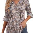 Bashafo 3/4 Sleeve Tops for Women V Neck Henley Long Sleeve Dressy Casual Shirts Ladies Loose Button-up Blouses Tunic, L