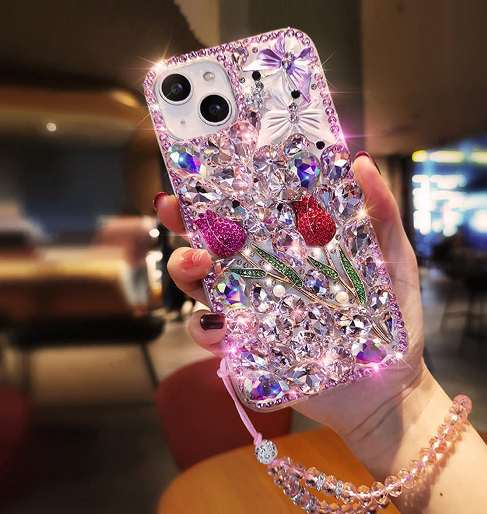 for Samsung Galaxy S24 Ultra Bling Diamond Case with Strap, 3D Luxury Sparkle Glitter Crystal Rhinestone Butterfly Rose Flower Diamond Wristband Bracelet Case Cover for Girls Women