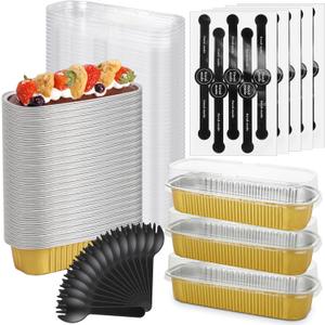 100 Pcs Mini Cake Pans with Lids, 6.8 Oz Mini Loaf Pans with Lids and Spoons, Aluminum Foil Loaf Baking Pan, Disposable Cake Pan with Lid for Cake Bread Muffin Wedding Birthday Party