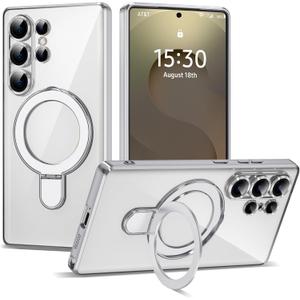 Compatible with Samsung Galaxy S25 Ultra Case with Magnetic Ring Stand [Compatible with Mag-Safe] [Full Camera Lens Protector] Plating Clear Phone Case for S25 Ultra 6.9", Silver