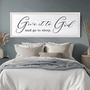 Give It To God And Go To Sleep Sign Wall Decor 32x12 Inch Large Farmhouse Master Bedroom Above Bed Hanging Wall Art Rustic Guest Room Wood Framed Over Bed Wall Decoration (White)