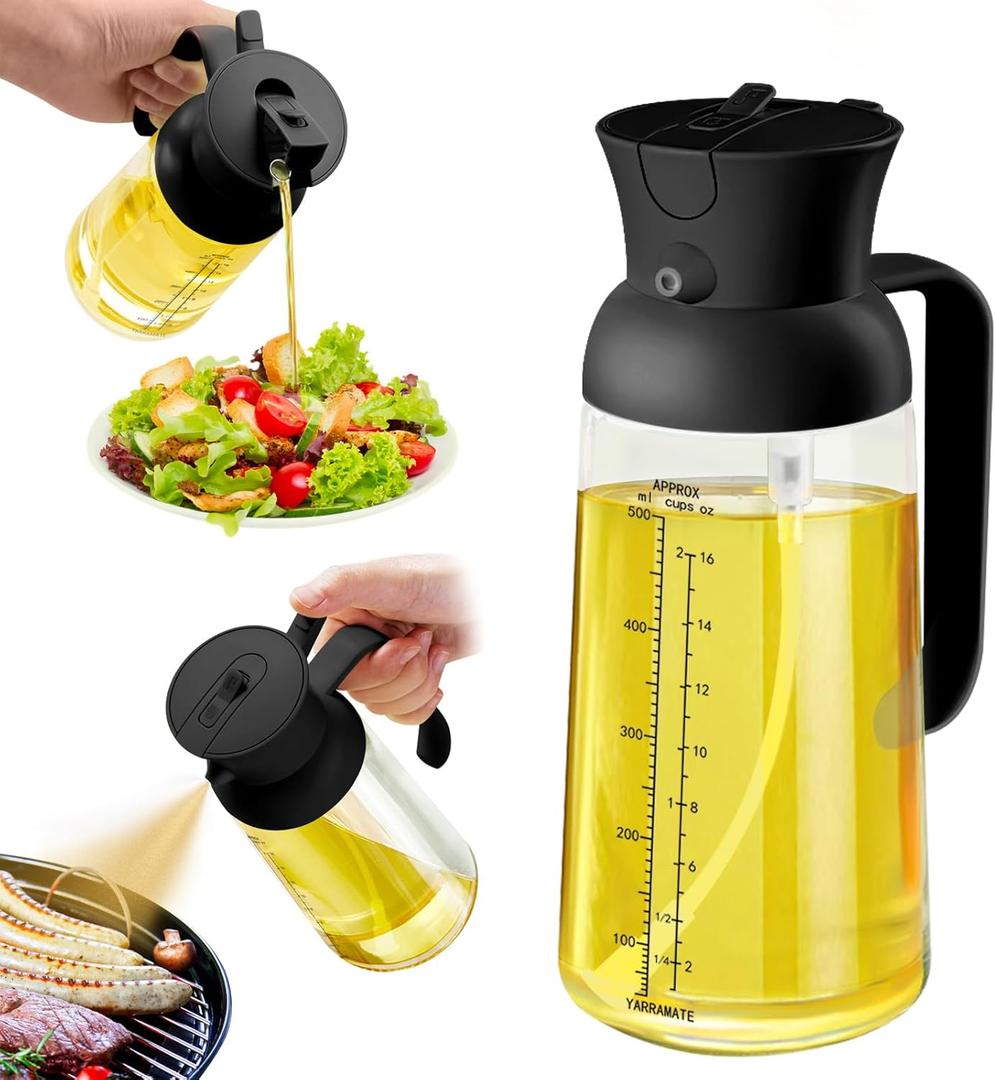 YARRAMATE Large Capacity 2 in 1 Oil Sprayer for Cooking with Measuring, 18oz/550ml Olive Oil Dispenser for Kitchen, Food-grade Oil Spritzer Bottle for Air Fryer, Salad BBQ (Black)