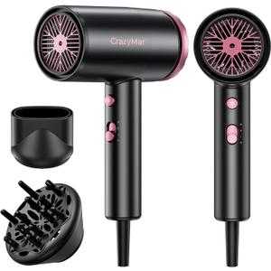 Hair Dryer, 1800W Ionic Hair Dryer with Smart Mode (Baby/Men/Women), High Speed Brushless Motor for Fast Drying (2-5 Mins), Blow Dryer with Diffuser, Lightweight for Home & Travel(Pink)(Black Pink)