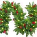 Christmas Garland with Lights, 6 Ft Real Touch Winter Pine Garland, Green Artificial Greenery Garland for Table, Stairs, Door, Christmas Decor for Home Wedding Fireplace Party