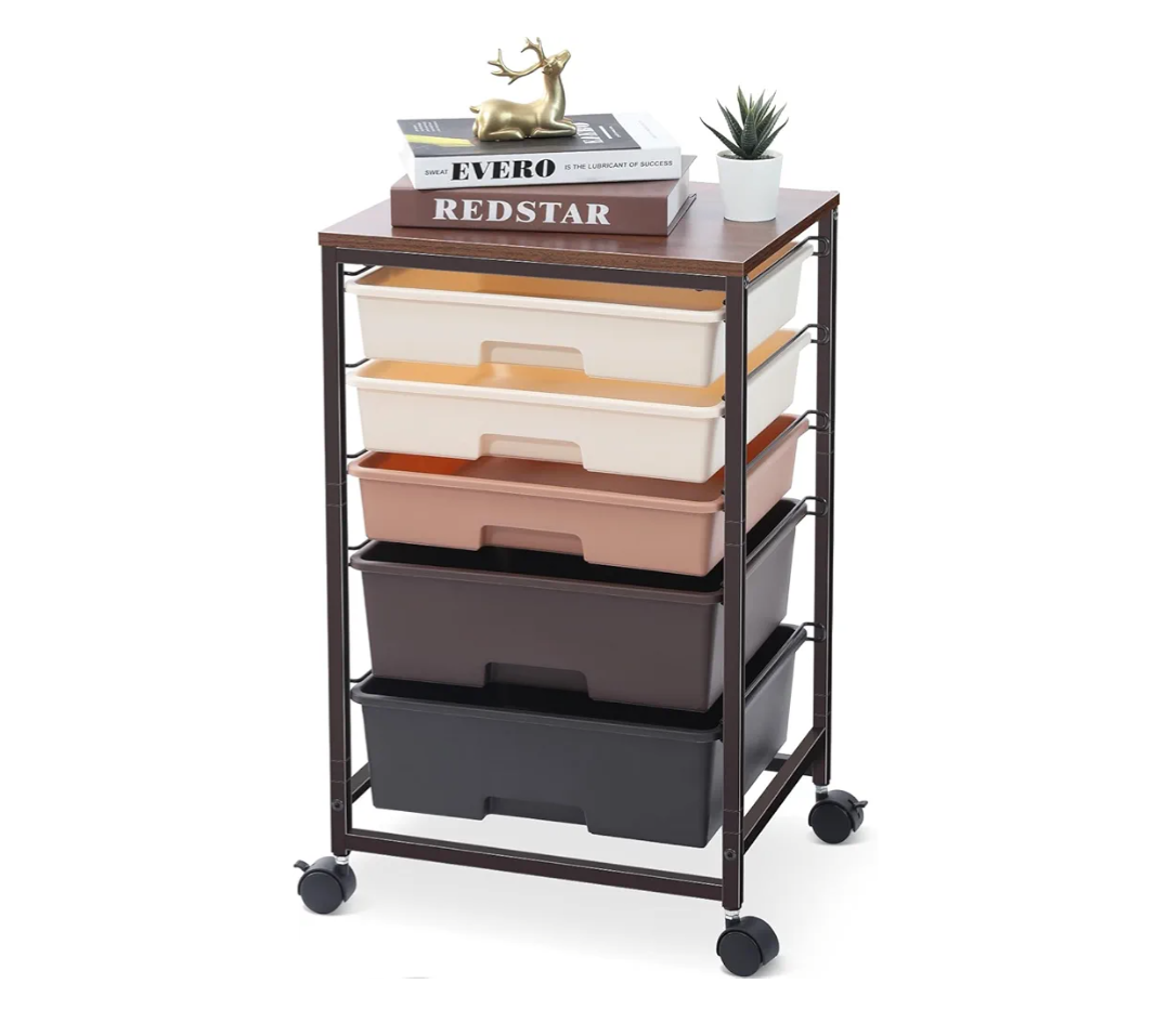 Utility Cart with 5 Drawers,Storage Drawer Cart with Wooden Tabletop and Lockable Wheels,Craft Storage Trolley Cart,5-Tier Rolling Utility Cart on Wheels, Dark Brown