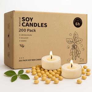 Crenovo Tea Lights Candles 200 Pack, Natural Soy Wax Tealights 6 Hours Non-Toxic, Long Burning, Unscented Small Votive Cup Candles for Wedding, Party, Dinner, Emergency