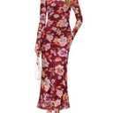 ZESICA Women's Long Sleeve Floral Maxi Dress 2026 Fall Off Shoulder Bodycon Ruched Mesh Cocktail Wedding Guest Dresses (Medium,)