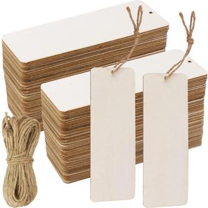 FSWCCK 50 Pcs 6 x 2 Inch Large Size Blank Wooden Gift Tags Labels Unfinished Wooden Book Markers Ornaments with Holes and Ropes for DIY Crafts, Wedding Birthday Party Decors