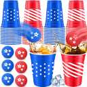 32 Pcs 4th of July Party Game Set Include 16oz Blue Red Plastic Cups with 8 Balls, Cups for Party Decor Juice Beverage Outdoor Toss Veterans Day Game Supplies