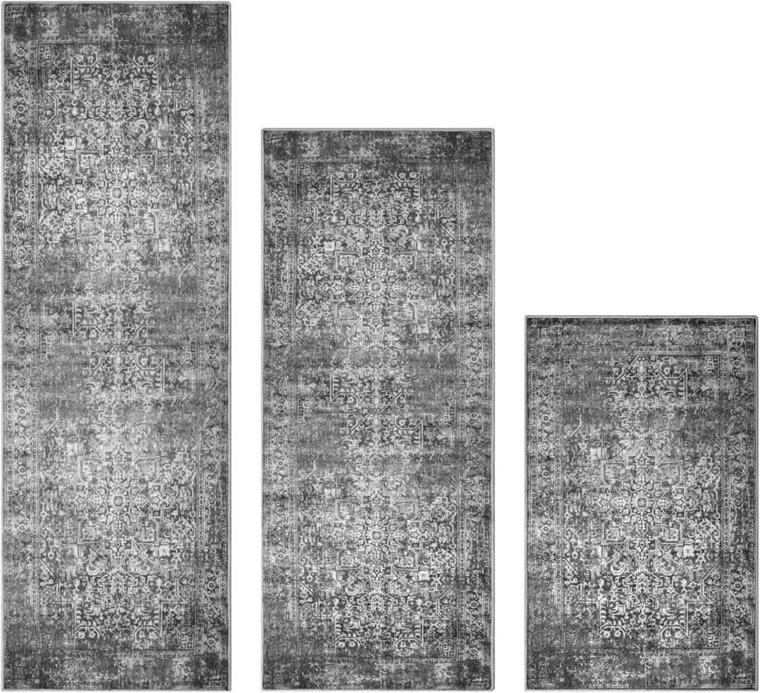 Kitchen Rugs Sets of 3 Non Slip Washable Kitchen Mats for Floor 3 Piece Set Blueish Black Kitchen Mat Set Boho Runner Carpets Absorbent for Laundry Room Hallway Sink Front Door (20"x32"+20"x48"+20"x59")