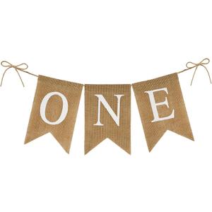Anwyll Burlap One Banner - NO DIY One Highchair Banner First Birthday Boy Girl Banner Sign Decoration 1st Happy Birthday High Chair Banners for Photo Prop Party Decoration Indoor Outdoor (Brown)