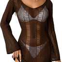 Floerns Women's Crochet Cover Up Long Sleeve Hollow Out Bikini Swimsuit Beach Cover Up Swimwear (Brown), S